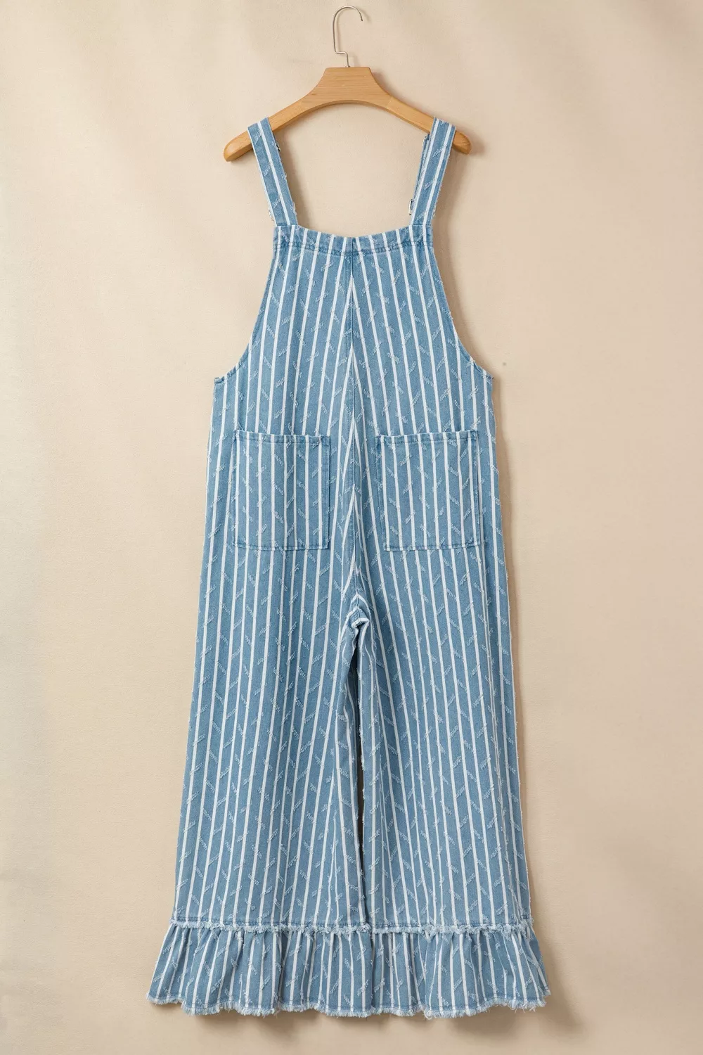 Striped Distressed Ruffled Wide Leg Denim Overalls, image 6
