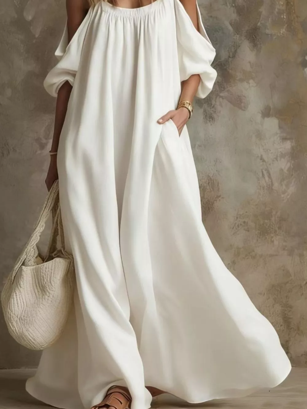 Full Size Cold-Shoulder Linen Maxi Dress Plus Size, image 12