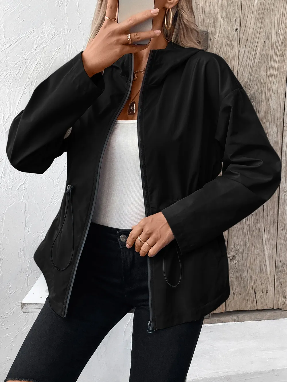 Drawstring Zip Up Hooded Jacket, image 9