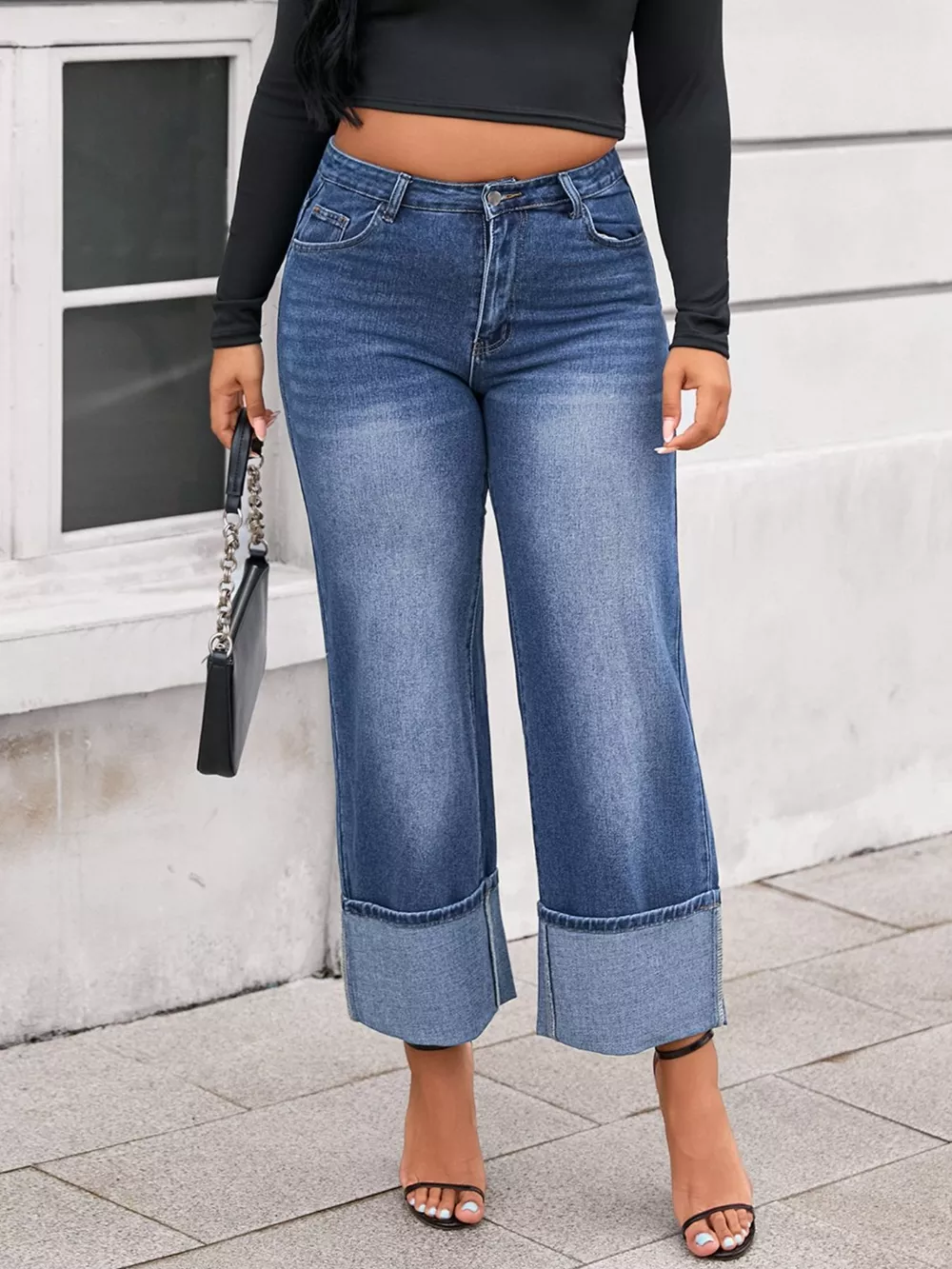 Plus Size High Waist Cuffed Wide Leg Jeans, image 5