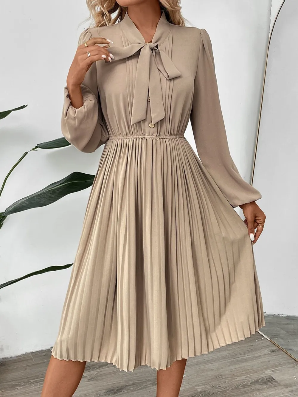 Pleated Tie Neck Long Sleeve Dress, image 3