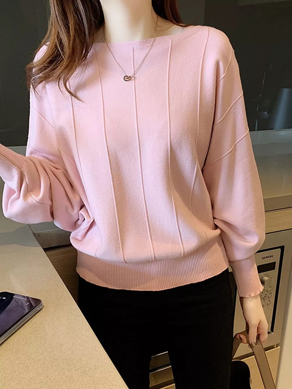 Ribbed Hem Batwing Sleeve Knit Top, image 3