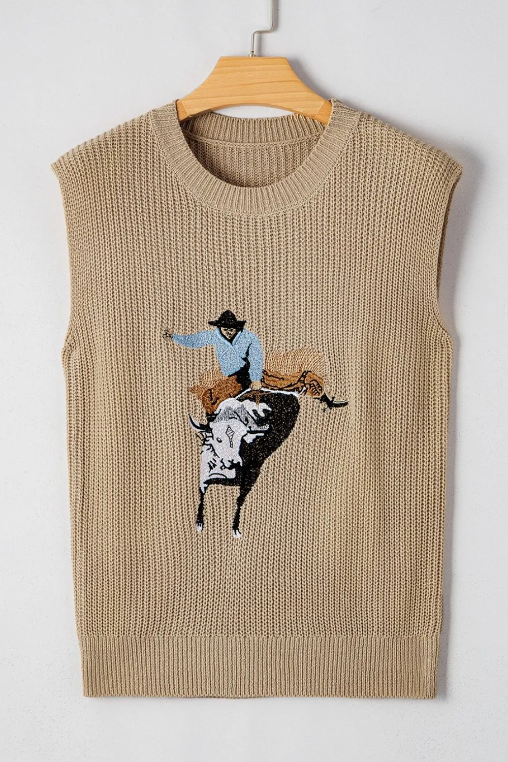 Western Cowboy Embroidery Round Neck Sleeveless Sweater, image 6