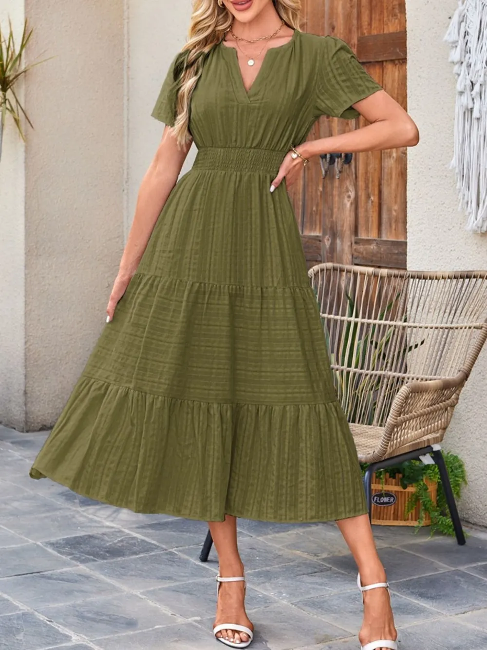 Tiered Notched Short Sleeve Dress, image 8