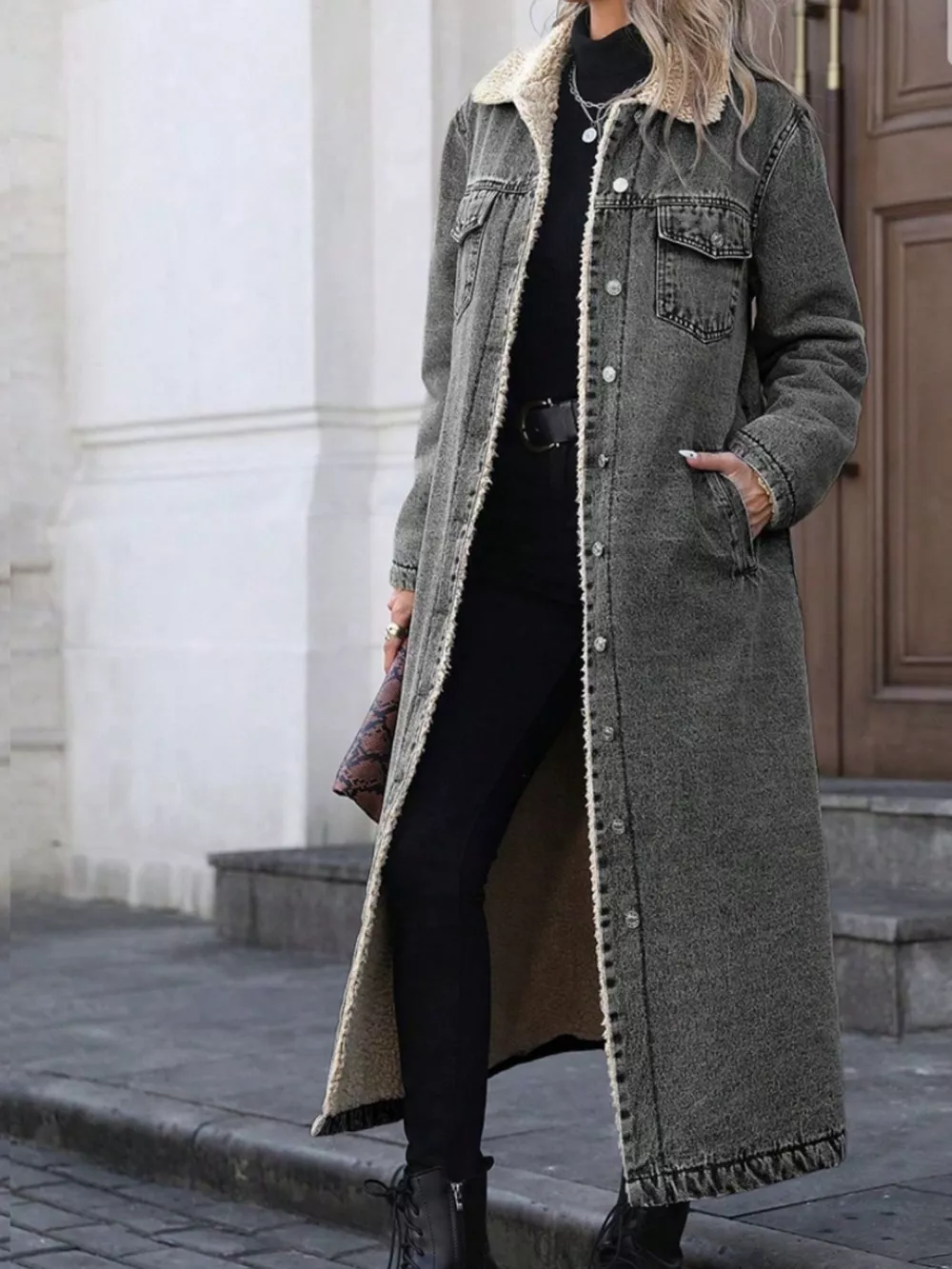 Sherpa Lined Longline Denim Jacket, image 12