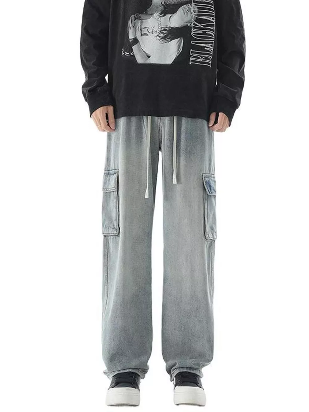 Men's Drawstring Wash Wide Leg Jeans, image 4