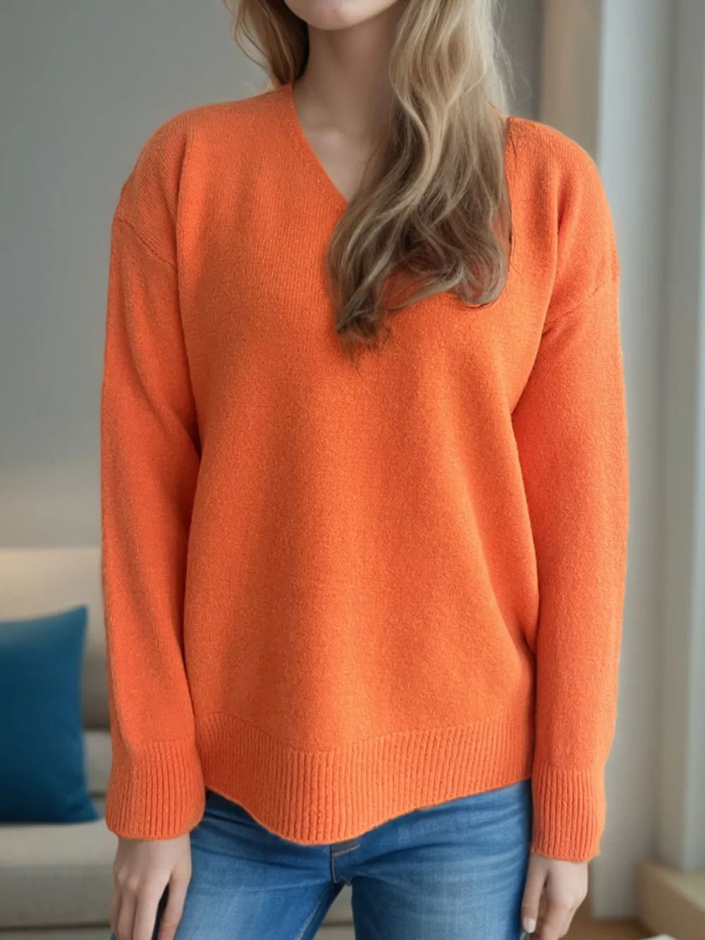 V-Neck Dropped Shoulder Long Sleeve Sweater, image 15