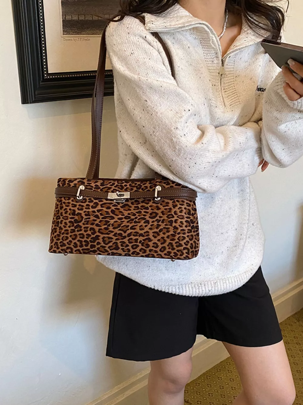 Leopard Decorative Lock Shoulder Bag, image 5