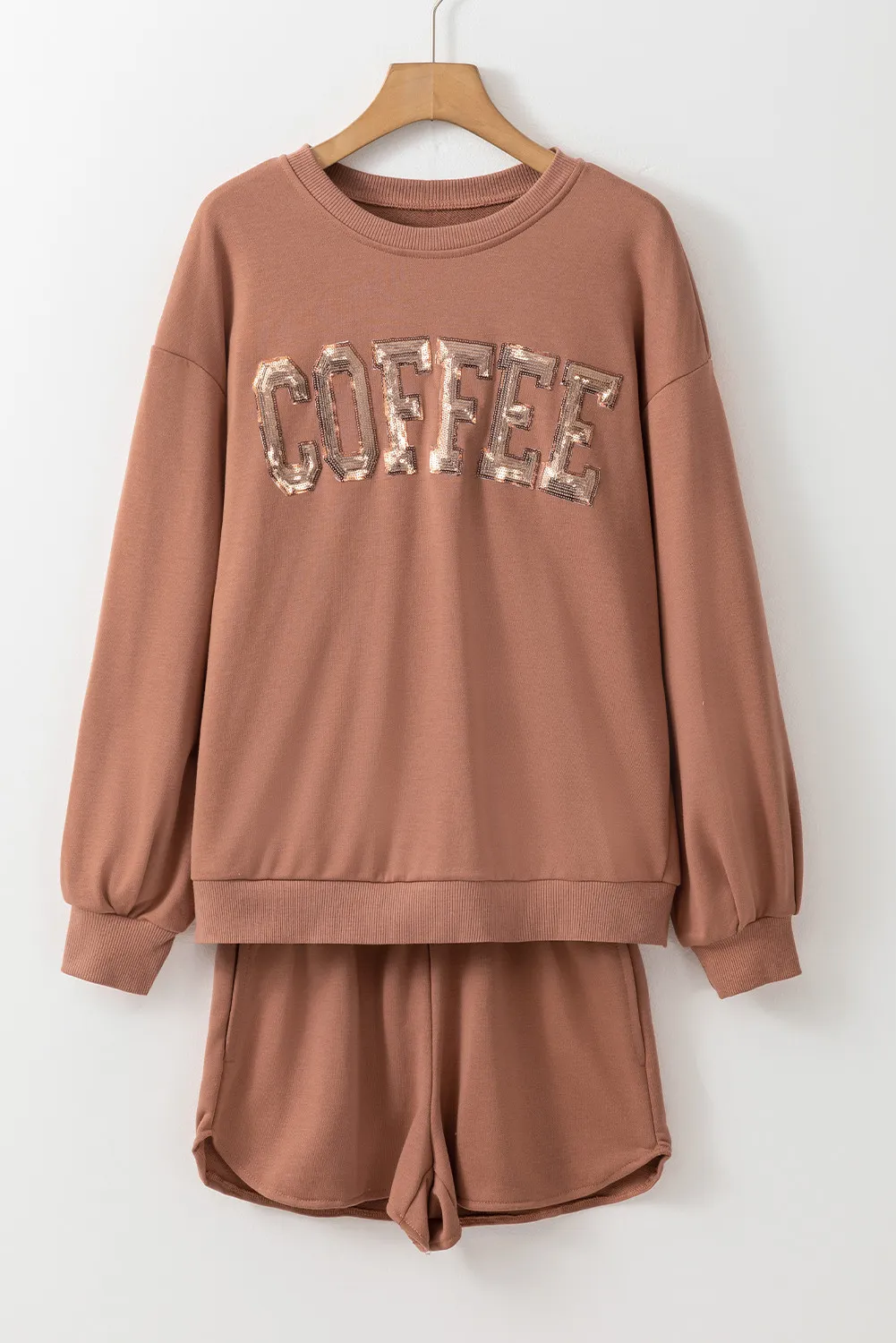 COFFEE Sequin Round Neck Long Sleeve Top and Shorts Set, image 6