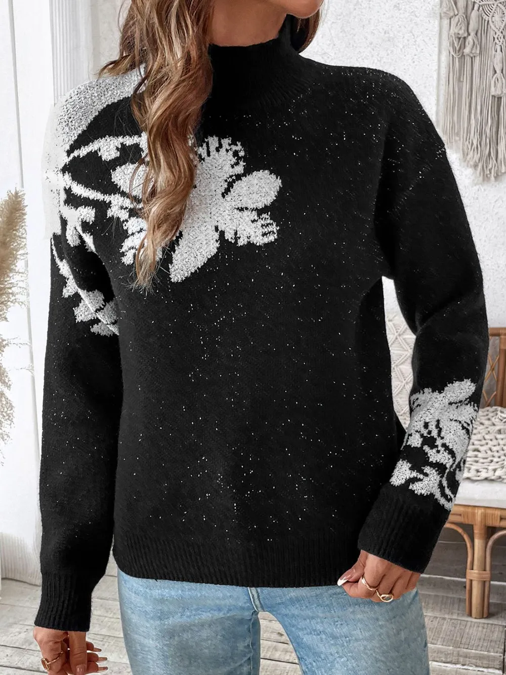 Flower Mock Neck Long Sleeve Sweater, image 2