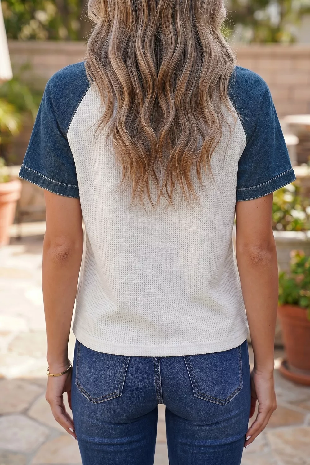 Textured Color Block Denim Patchwork Polo Collar Tee, image 3