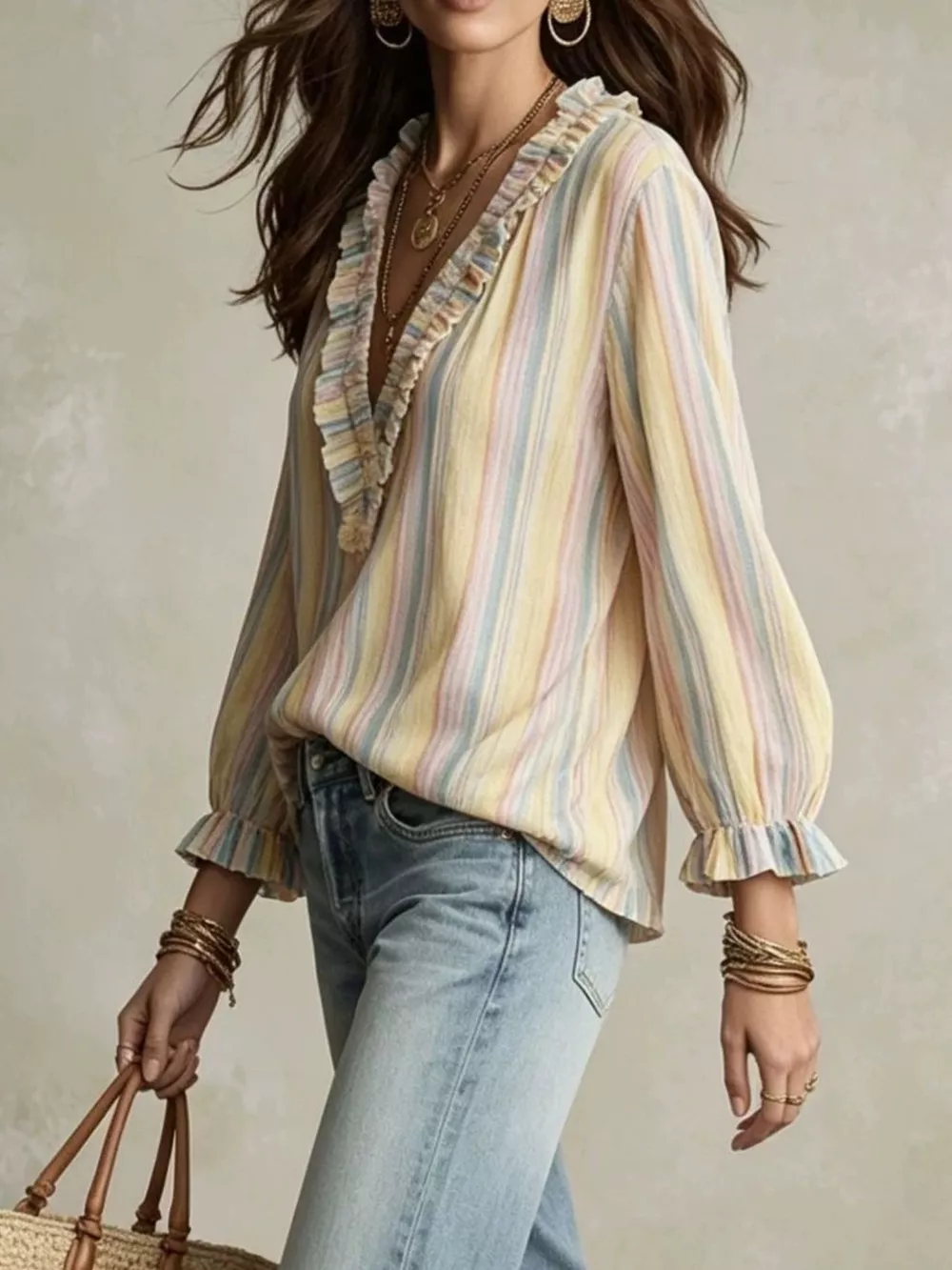Striped V-Neck Long Sleeve Blouse, image 3