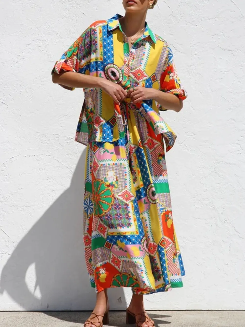 Printed Button Up Shirt and Pants Set, image 2