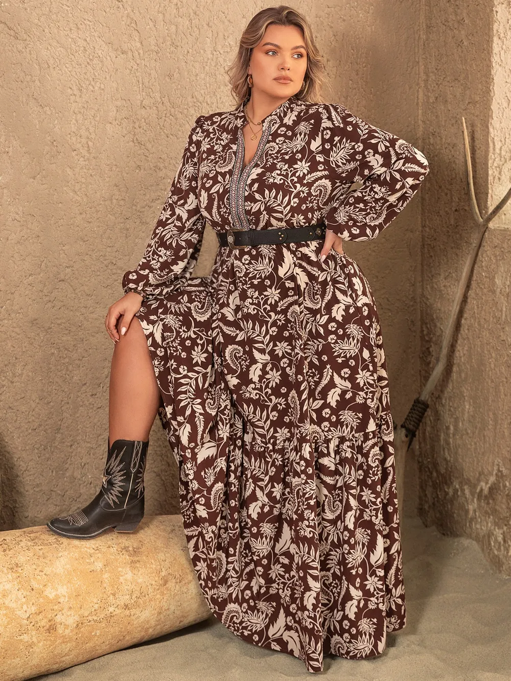 Plus Size Notched Balloon Sleeve Printed Maxi Dress, image 3