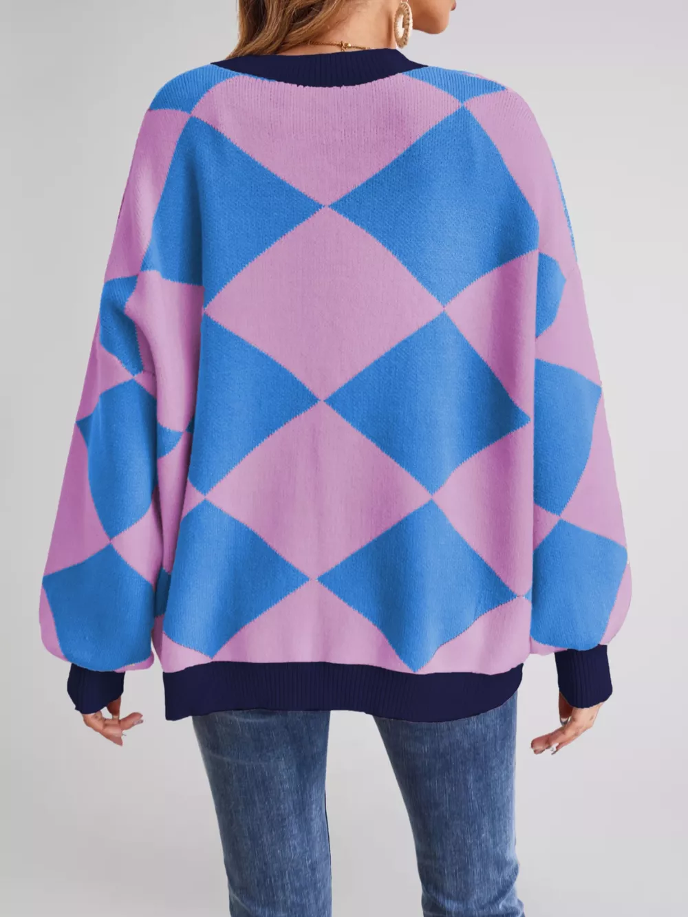 Diamond Pattern Button-Up Knit Cardigan, image 10