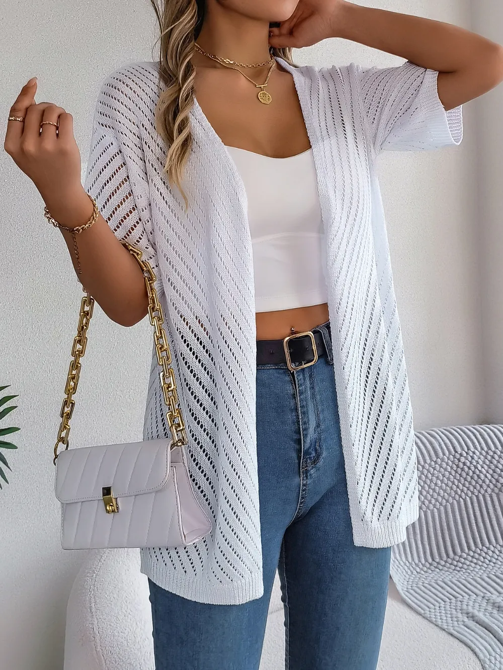 Openwork Open Front Half Sleeve Cardigan, image 8