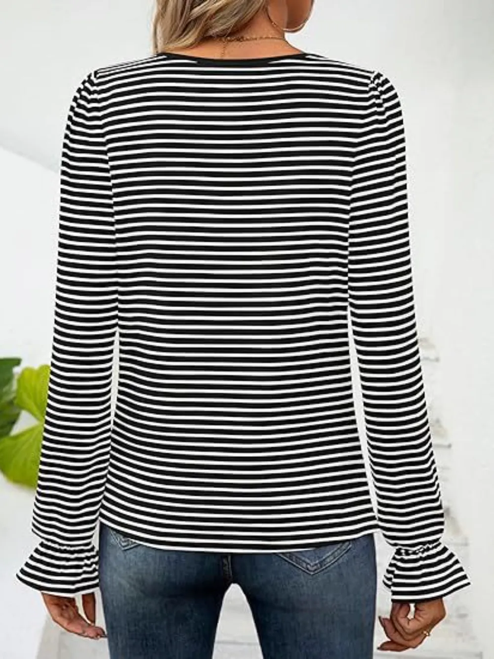 Striped Square Neck Flounce Sleeve Top, image 12