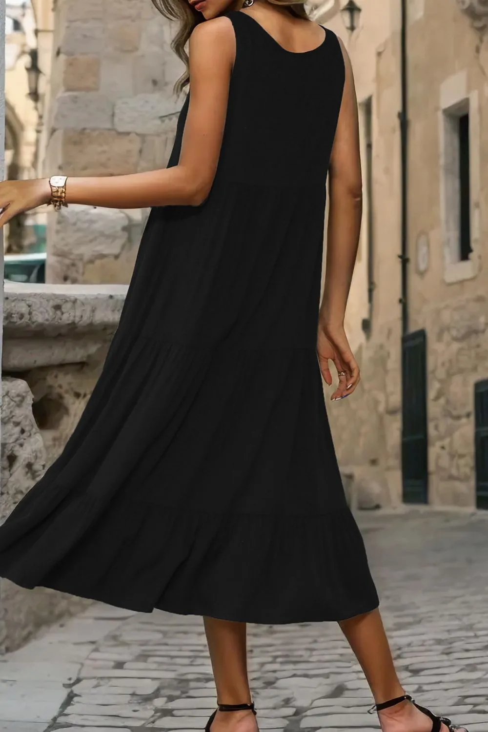 Decorative Button Tiered Tank Dress, image 3