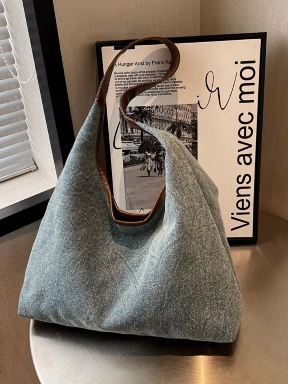 Denim Shoulder Bag with Leather Trim, image 2