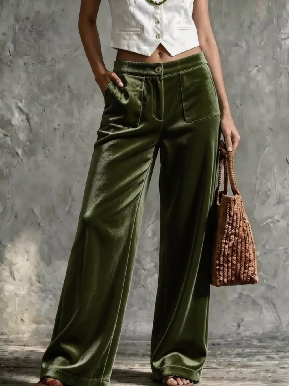 Full Size High-Waisted Wide-Leg Velvet Pants with Front Pockets Plus Size, image 3