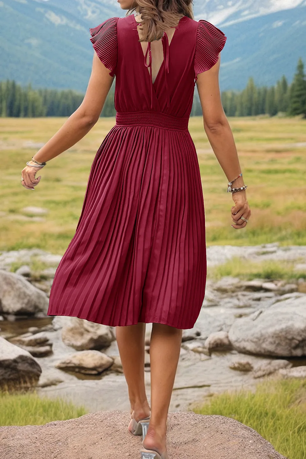 Tied Smocked Waist Flutter Sleeve Dress, image 5