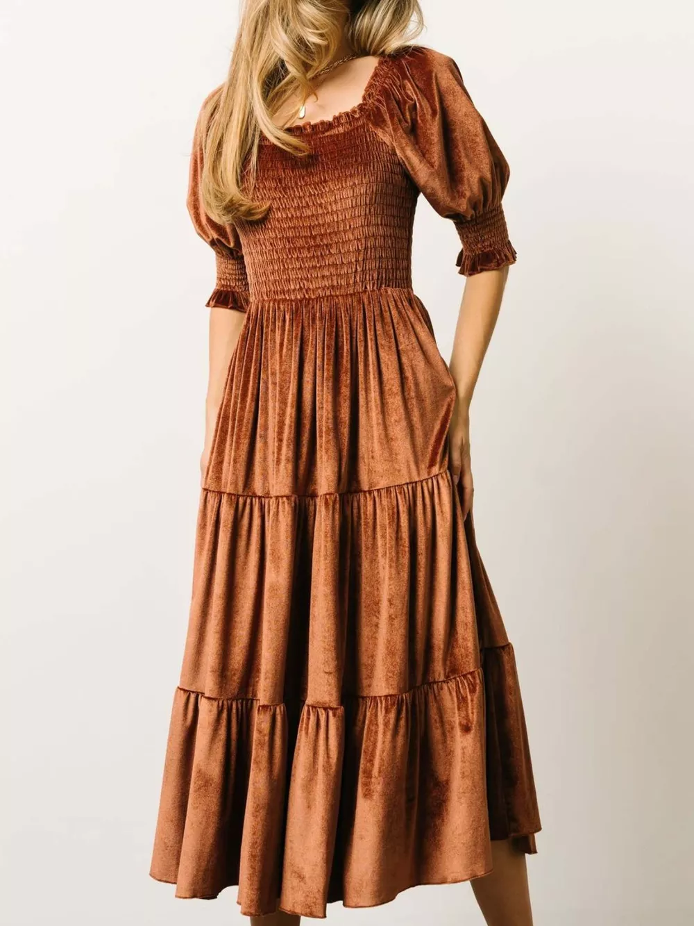 Velvet Smocked Tiered Midi Dress, image 6