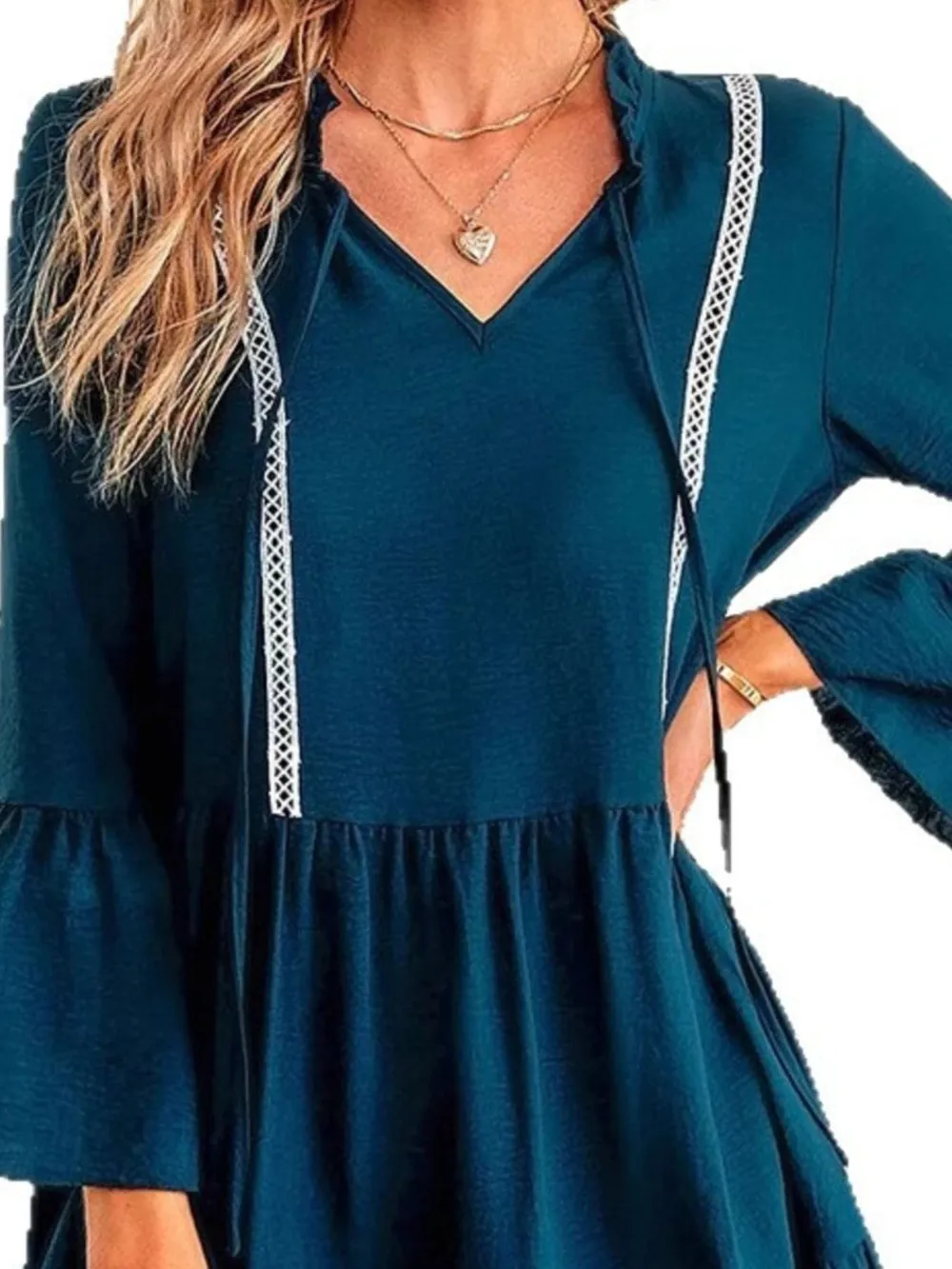 Tie-Neck Long Sleeve Mini Dress with Trim Detail, image 2