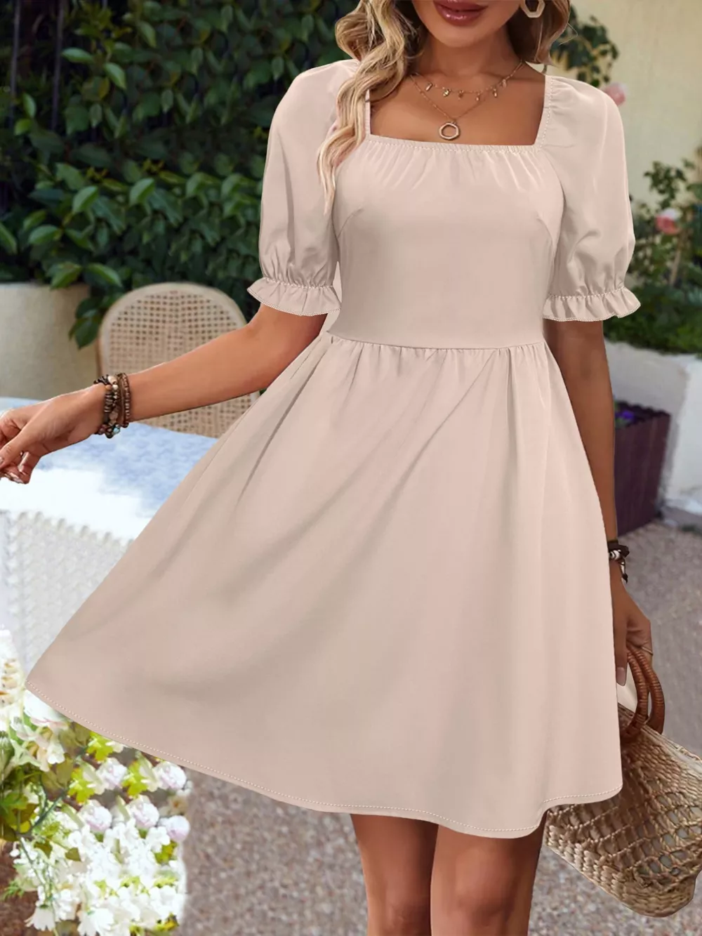 Square Neck Puff Sleeve A-Line Mini Dress, image 6