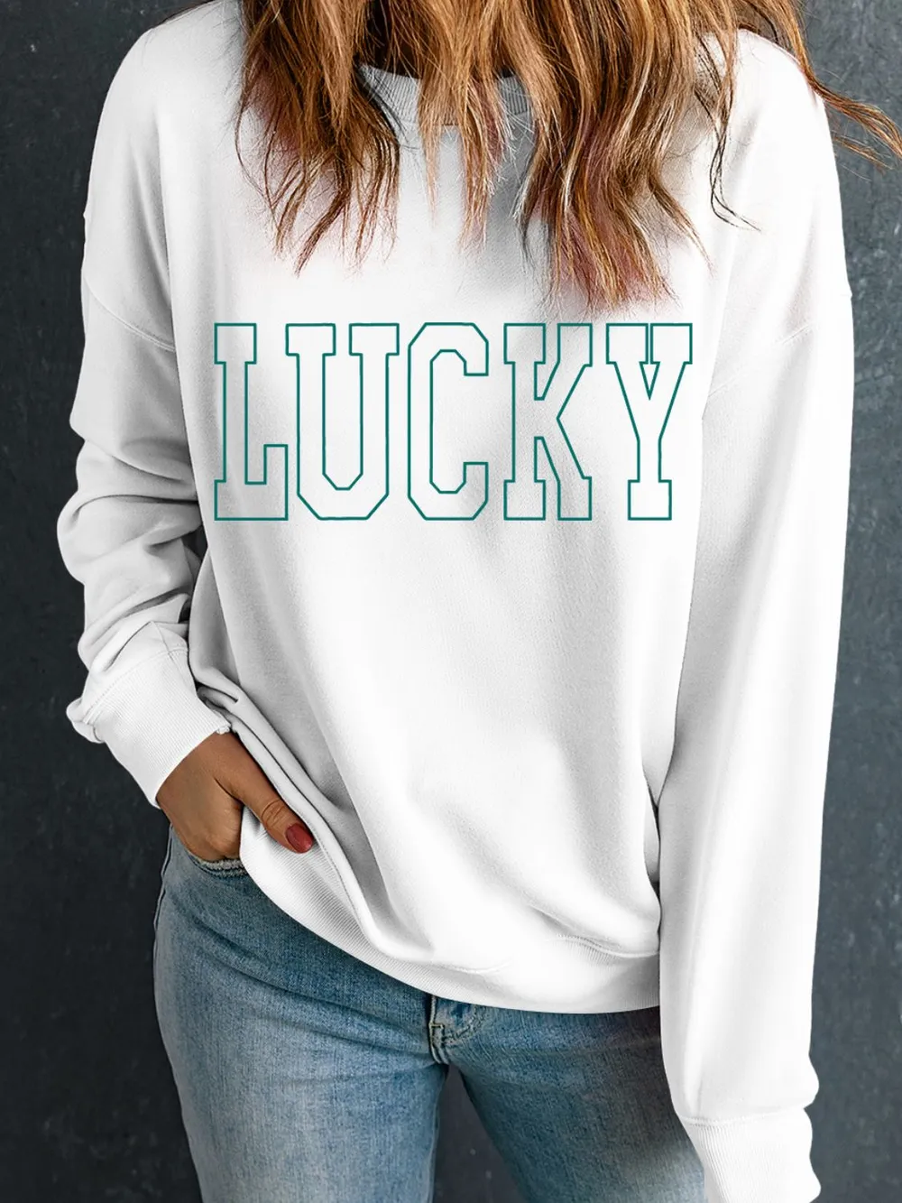 LUCKY Graphic Round Neck Long Sleeve Sweatshirt, image 6
