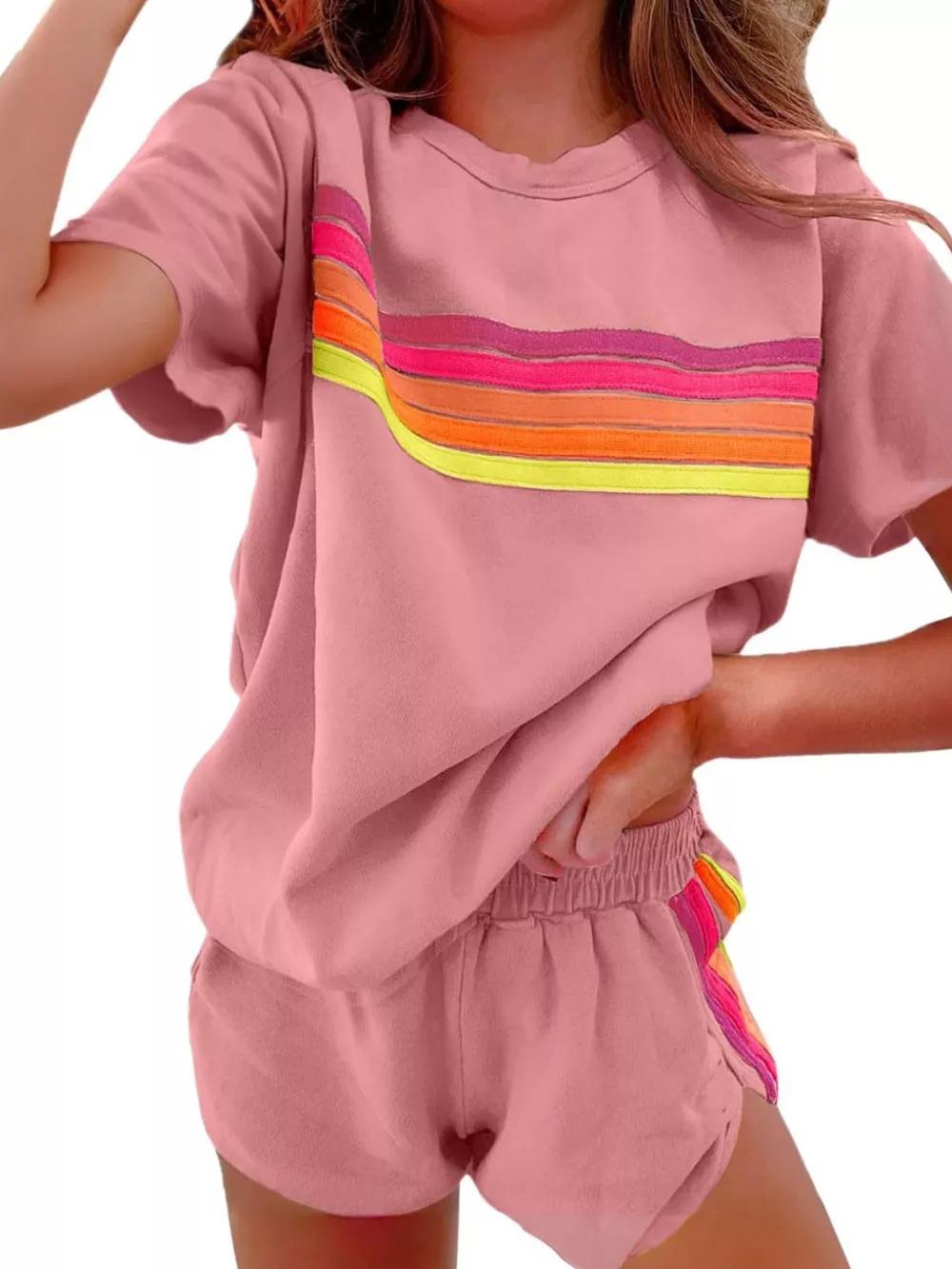 Rainbow Striped Round Neck Top and Shorts Set, image 8