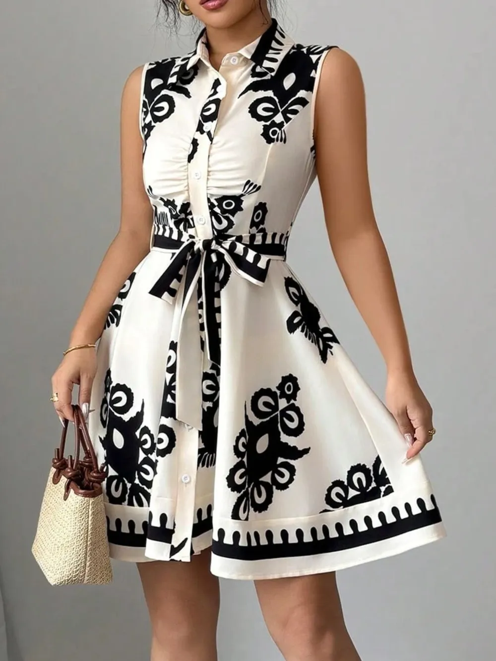 Printed Sleeveless Tie Waist Mini Dress, image 2