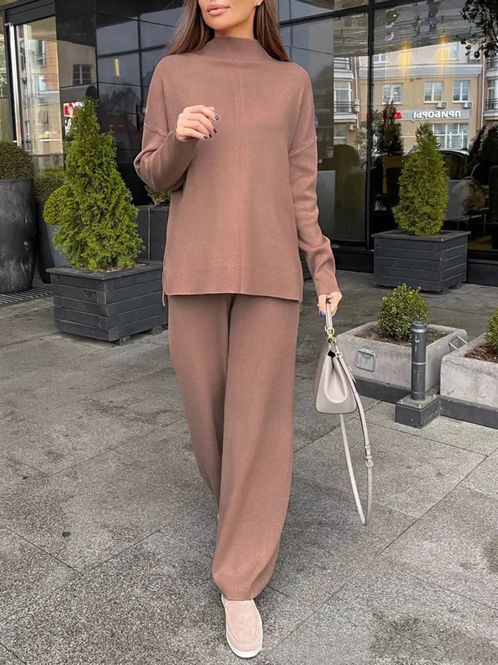 Slit Mock Neck Top and Pants Sweater Set, image 13