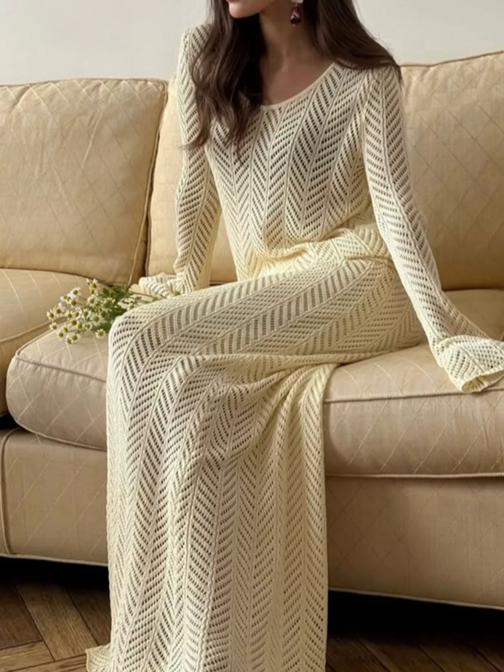 Openwork Long Sleeve Knit Top and Skirt Set, image 6