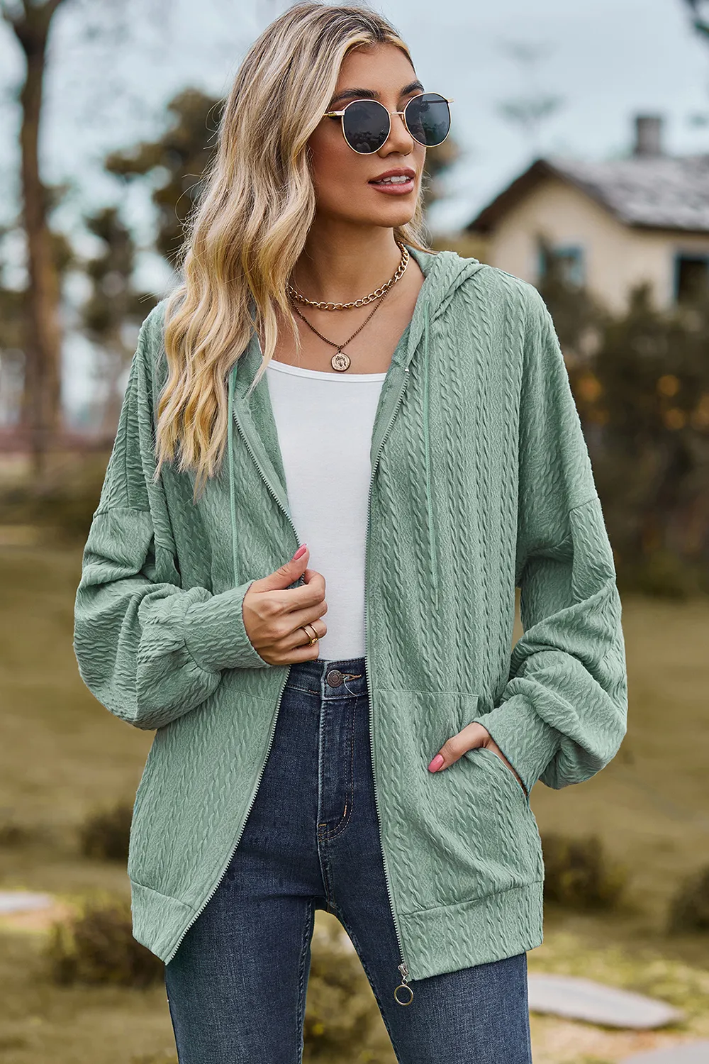 Drawstring Zip Up Dropped Shoulder Hoodie, image 26