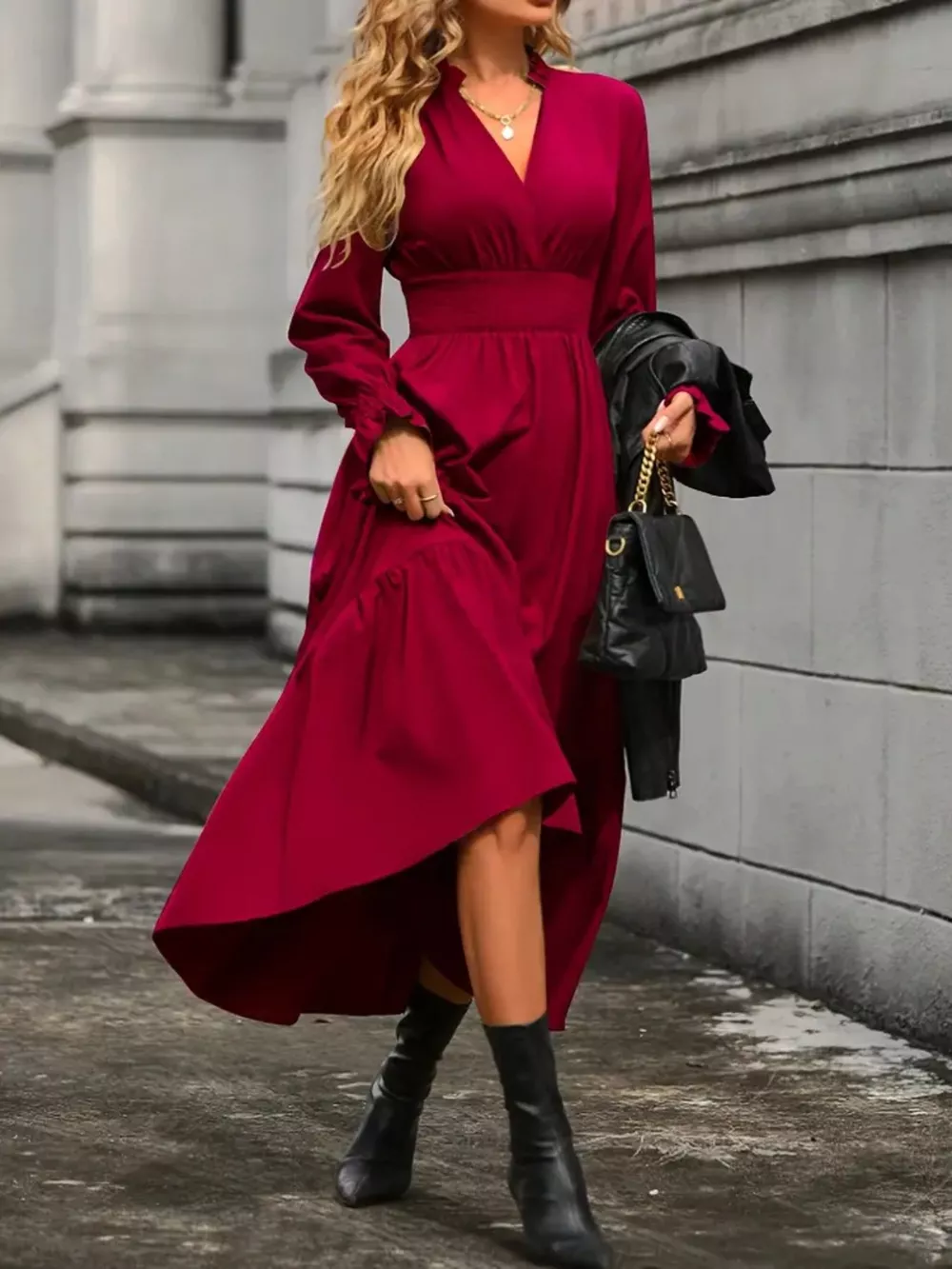 Surplice Long Sleeve Tiered Midi Dress, image 11