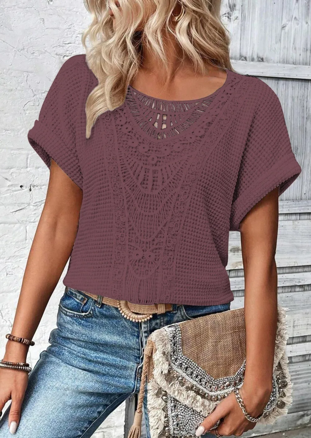 Crochet Lace Short Sleeve Casual T-Shirt, image 6