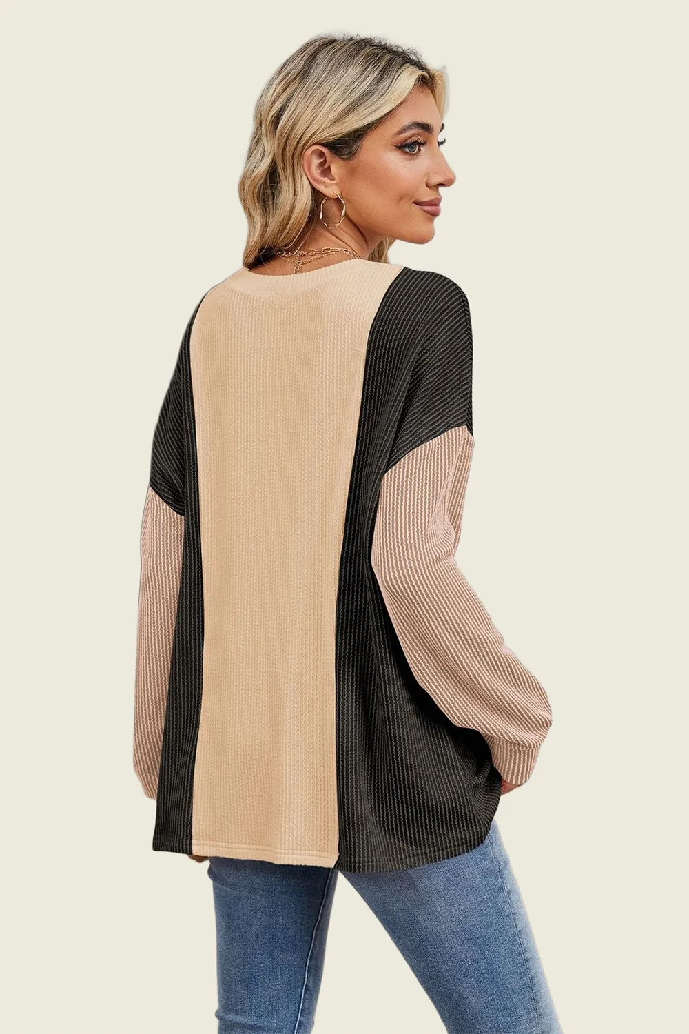 Texture Contrast Round Neck Long Sleeve T-Shirt, image 20