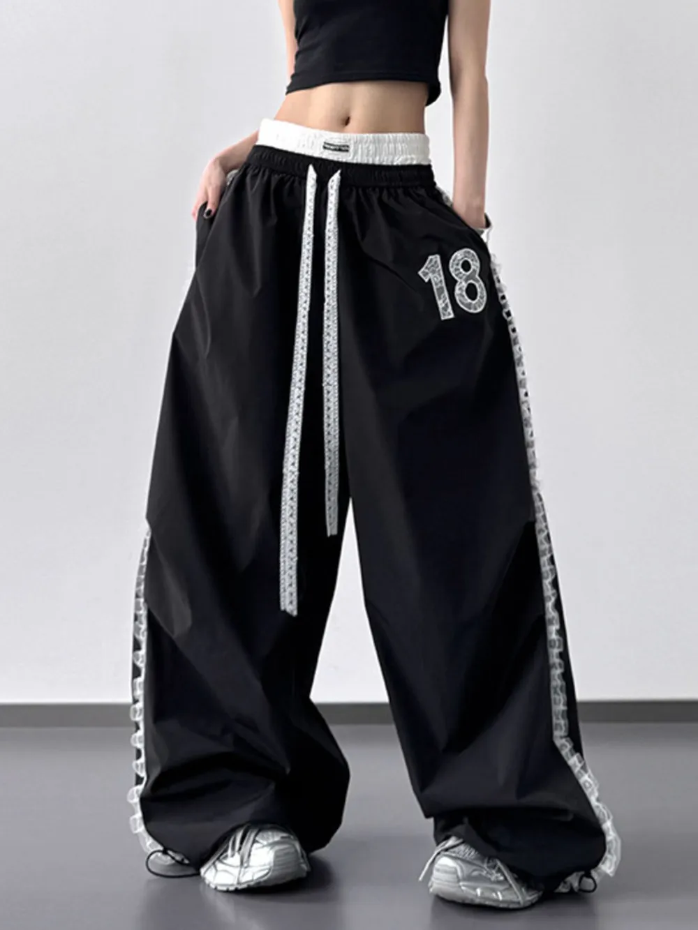 Lace Detail Drawstring Wide Leg Pants, image 2