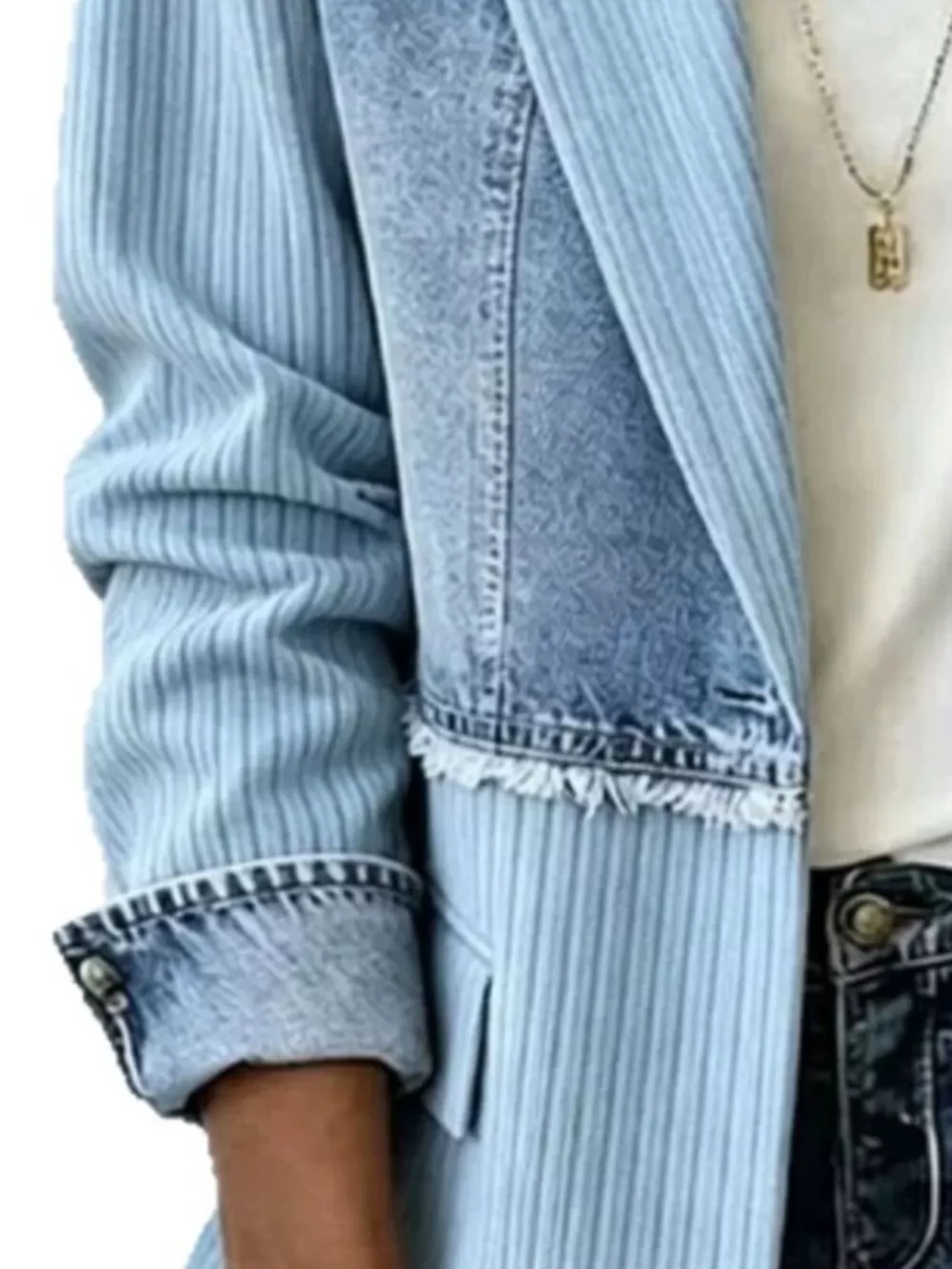 Full Size Patchwork Denim Ribbed Blazer Plus Size, image 3