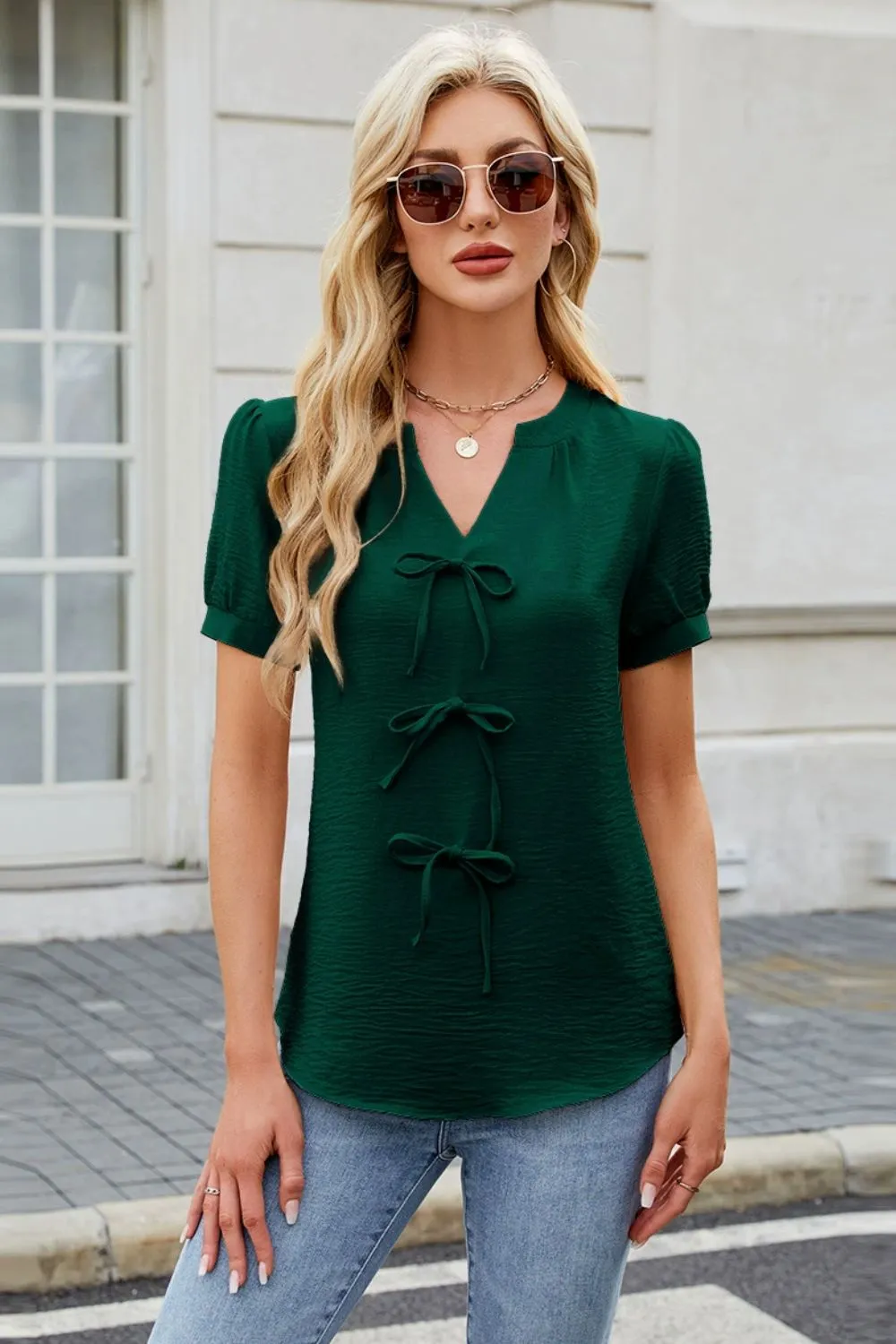 Notched Short Sleeve Blouse, image 6