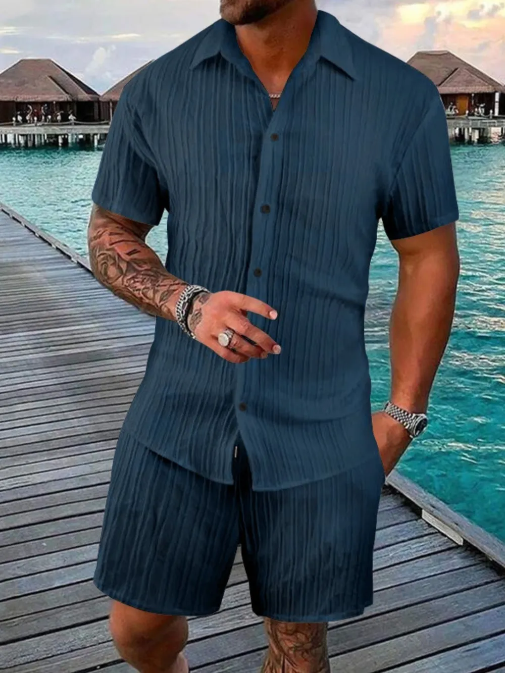 Men's Full Size Button Down Short Sleeve Shirt and Shorts Set Plus Size, image 4
