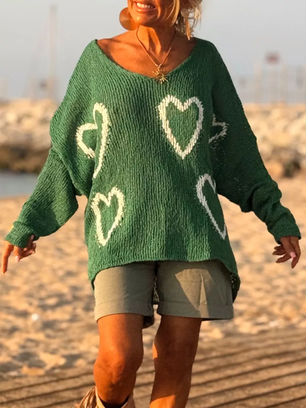 Heart V-Neck Dropped Shoulder Sweater, image 8