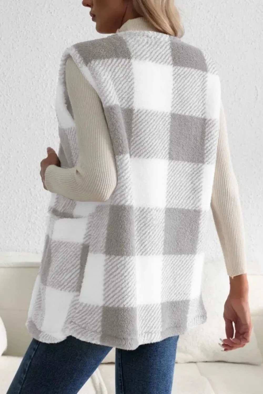 Sherpa Plaid Open Front Vest Coat, image 11