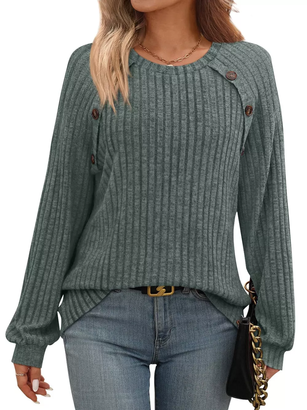 Ribbed Knit Decor Button Long Sleeve T-Shirt, image 5