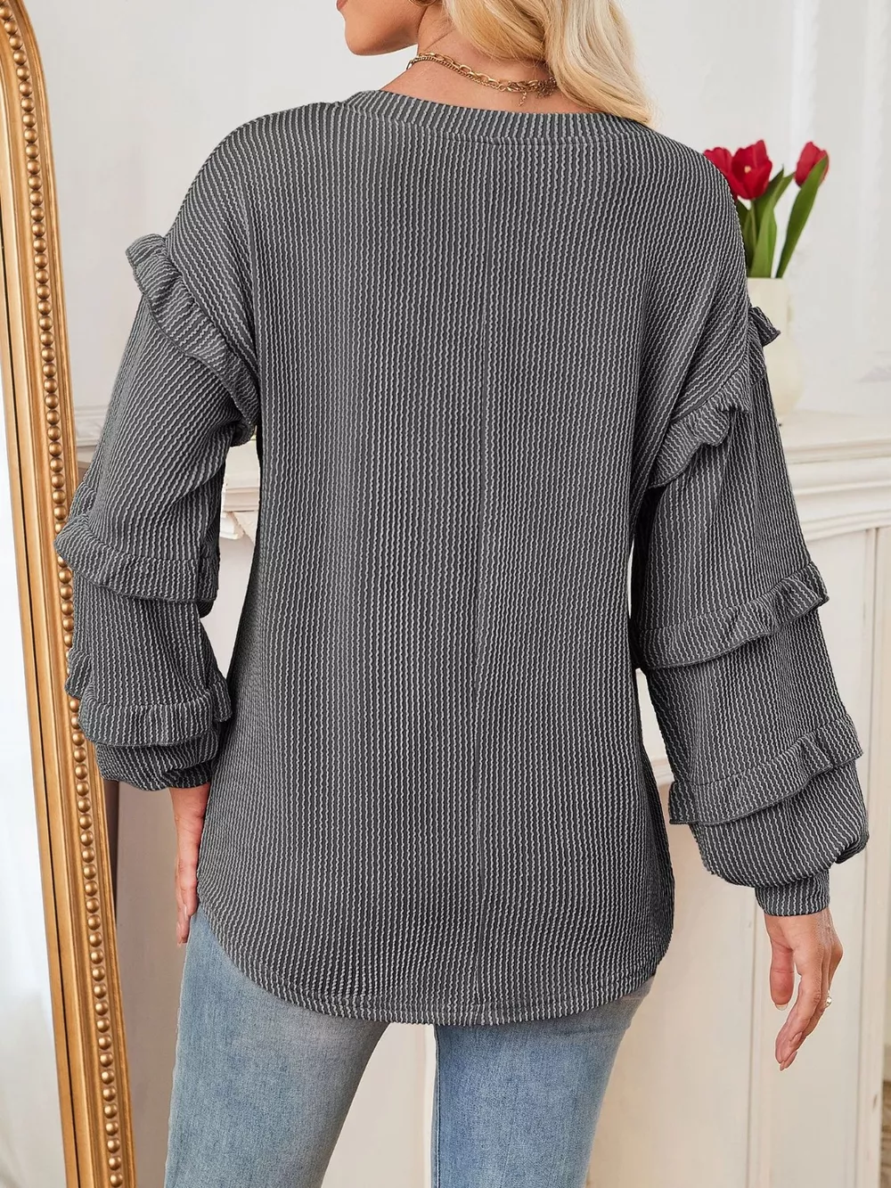 Ruffled Long Sleeve Knit T-Shirt, image 6
