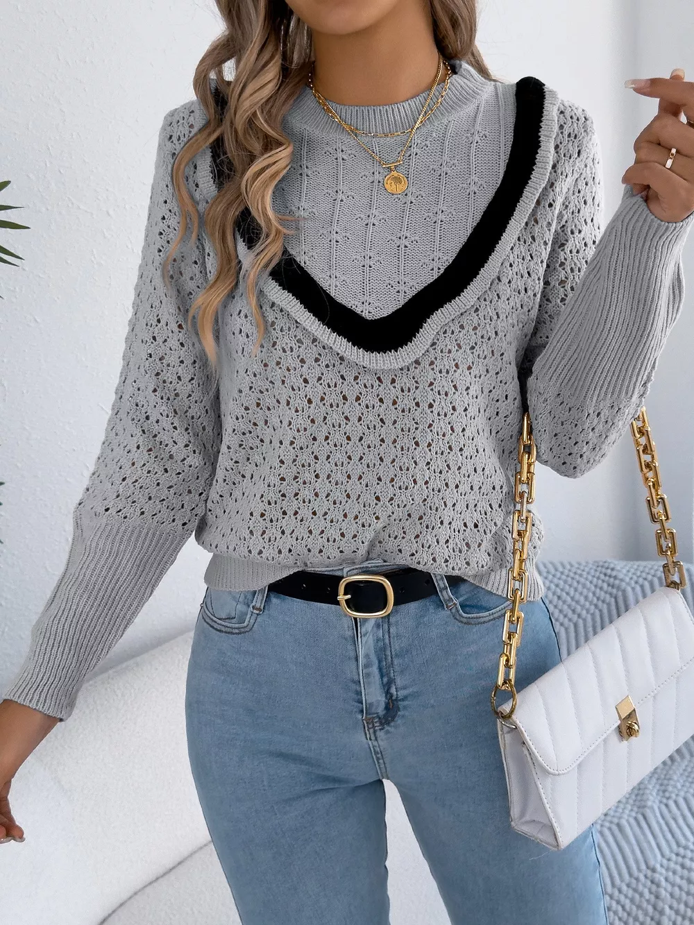 Hollow-Out Knit Top with Contrast Trim, image 9