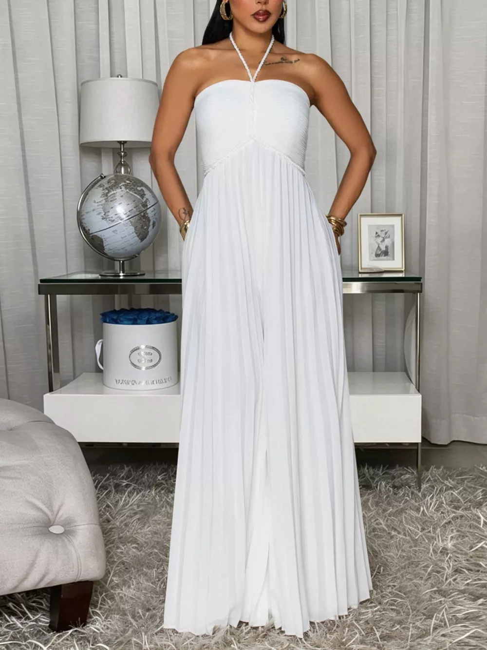 Pleated Halter Neck Wide Leg Jumpsuit, image 10