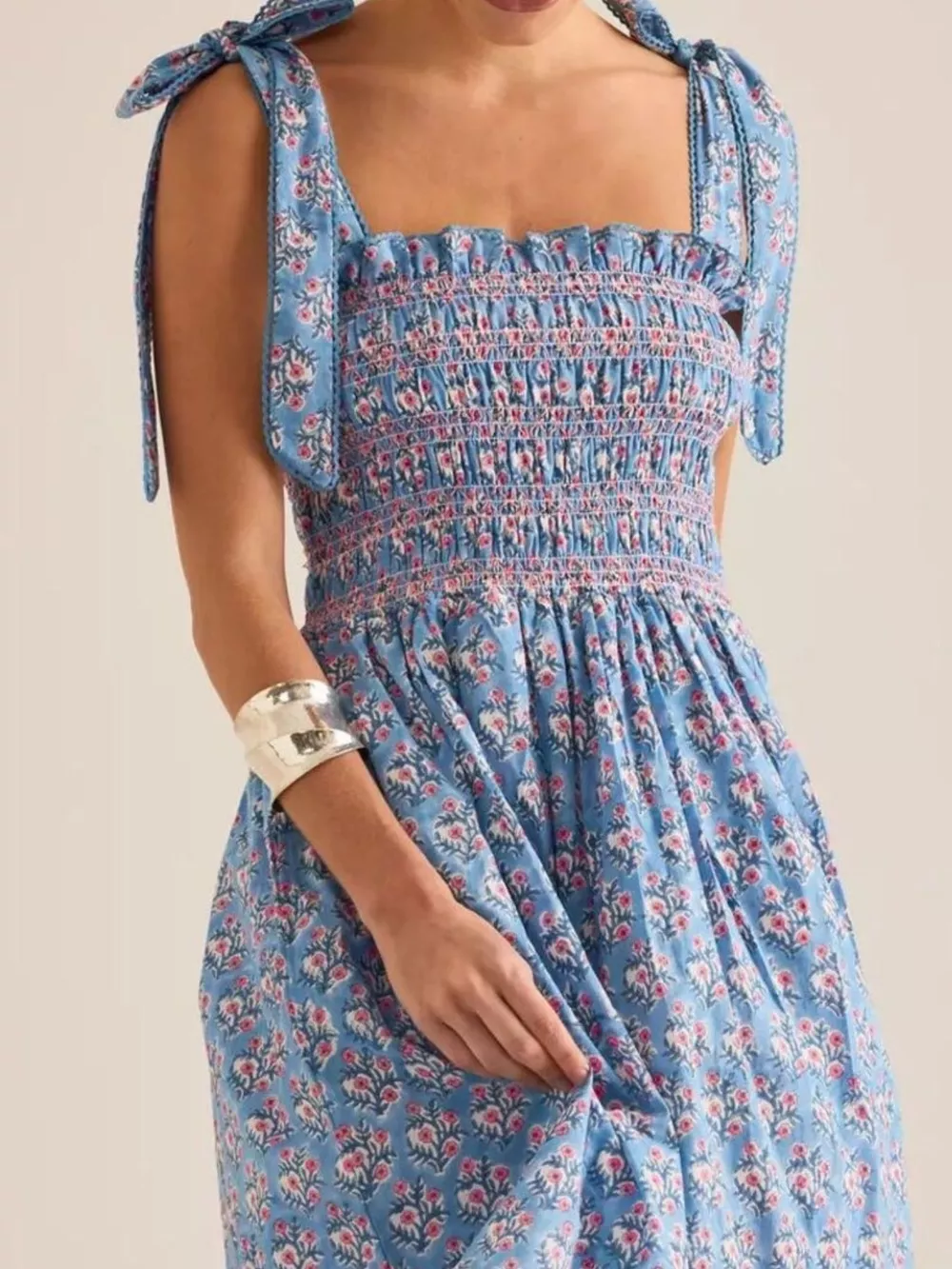 Floral Smocked Tie-Shoulder Midi Dress, image 5