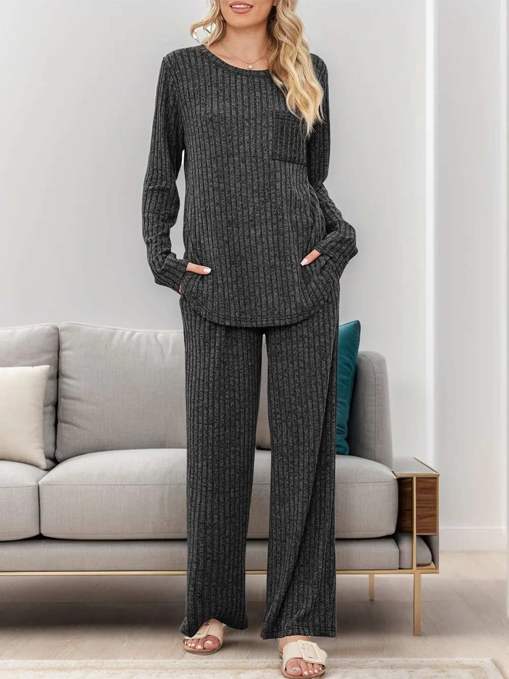 Round Neck Long Sleeve Top and Pants Set, image 2
