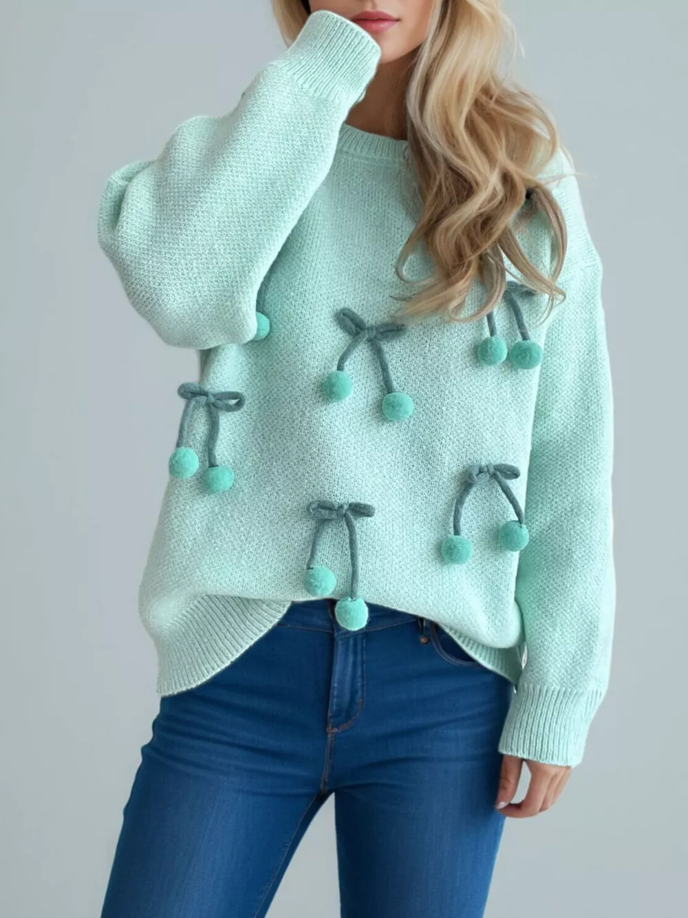 Cherry Pom-Pom Knit Round Neck Sweater, image 21